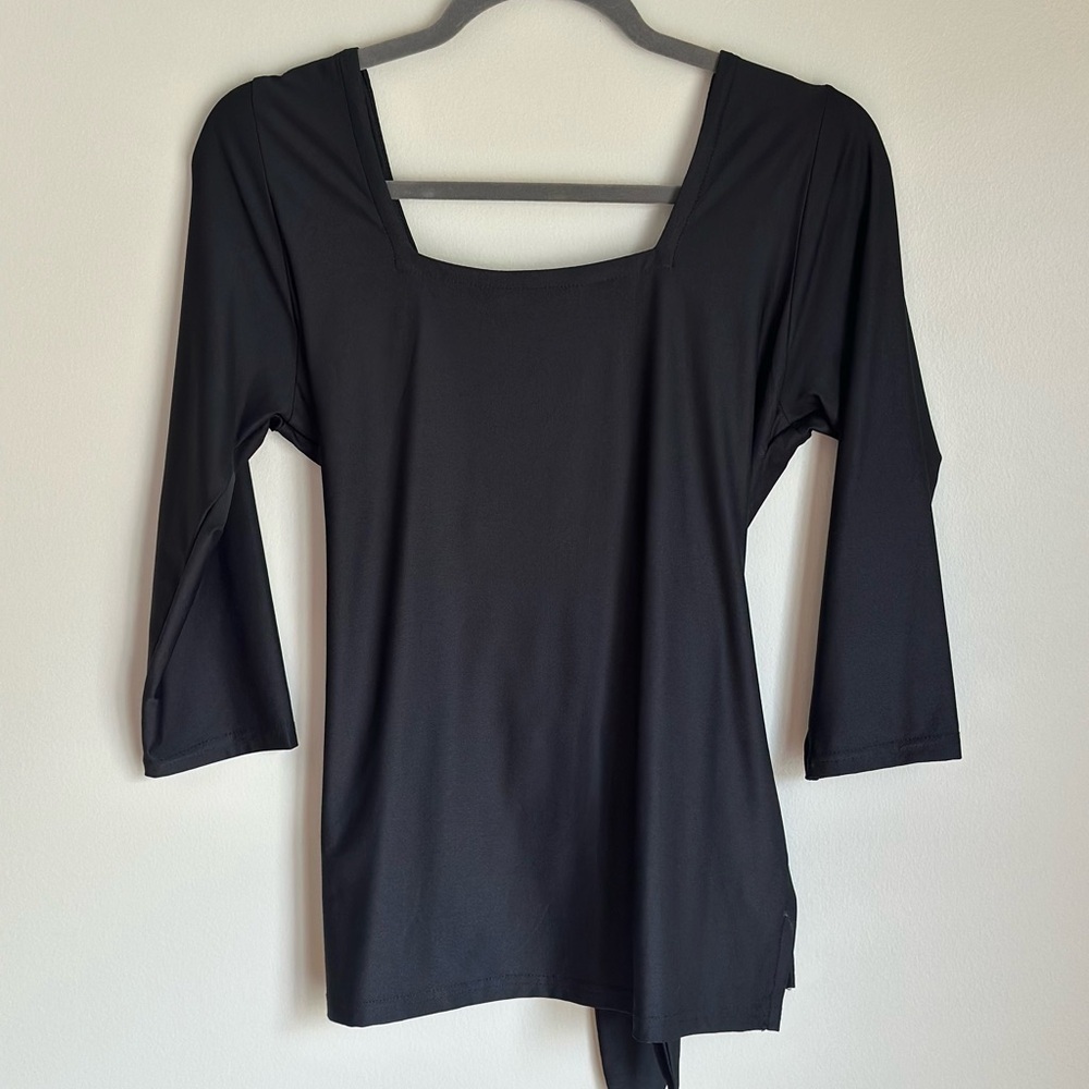 La Mer Luxe Women’s Square Neck Black 3/4 Slv Tie Waist Top Buttery Soft Small - Picture 3 of 7
